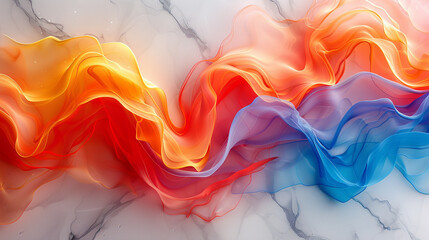 Abstract, vibrant, flowing fabric, in shades of orange, red, yellow, and blue, on a marble surface.