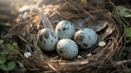 Four speckled bird eggs in natural nest with leaves and flowers