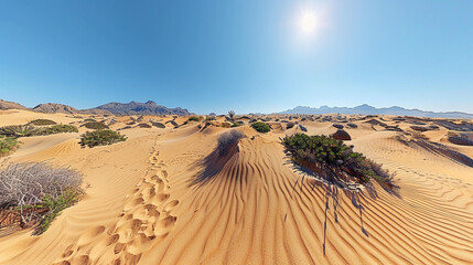 Sunny desert landscape with sand dunes, footprints, and sparse vegetation.