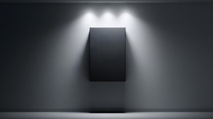Empty black display cabinet, illuminated by spotlights, positioned against a neutral gray wall, emphasizing the sleek, minimalist design of the space.