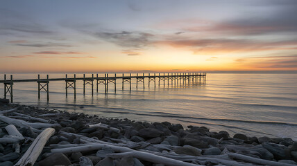 Wooden pier stretching into calm sea at sunset with rocky shore and driftwood