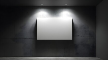 A blank canvas, illuminated by spotlights, hung on a textured concrete wall, creating a minimalist and moody presentation space.