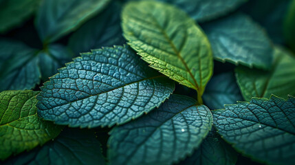 Close-up of vibrant green and teal leaves, intricate vein patterns visible.