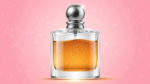 Amber Perfume Bottle on Pink Background - A luxurious amber-colored perfume bottle with a silver cap is showcased against a soft pink backdrop.