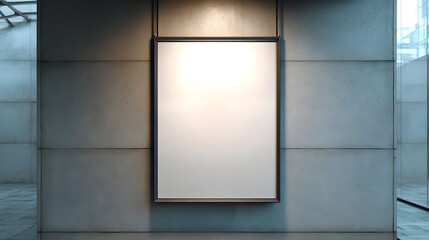 Empty poster frame mounted on a modern gray concrete wall, highlighting a blank space for advertising or display.