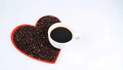 Red heart-shaped tray filled with coffee beans, white coffee cup