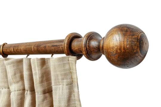 Wooden Elegance Curtain Rod Finial and Drapes in Classic Home Decor Interiors Furnishings and