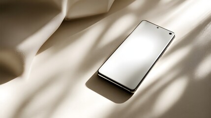A sophisticated mobile phone rests elegantly on a soft, cream-colored surface, bathed in natural light.
