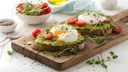 Delicious avocado toast with poached egg and cherry tomatoes served on a wooden board for brunch