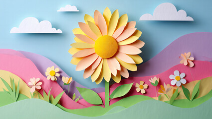 Paper Craft Landscape With Large Sunflower And Small Flowers Keywords: paper craft, landscape