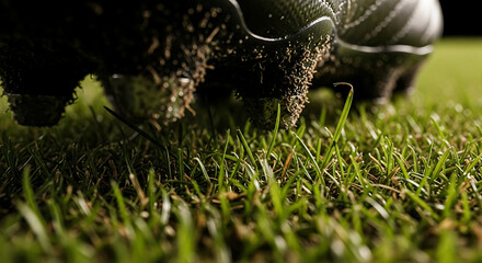 Close-up of muddy soccer cleats on a lush green grass field, showing detail of the studs and dirt.