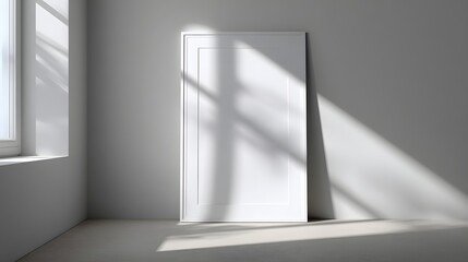 A minimalist interior showcasing a blank white frame, bathed in natural light and soft shadows.