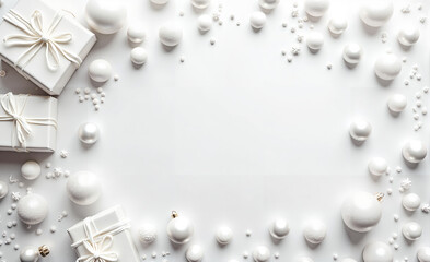 Flat lay composition of gift boxes, Christmas baubles, beads, and confetti, white colors