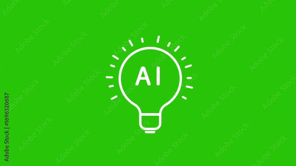 Aufkleber white line art light bulb with ai text and radiating lines on green background artificial intelligen