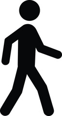 Walking person icon, pedestrian symbol vector, black silhouette illustration, simple human figure, road sign element, traffic safety graphic