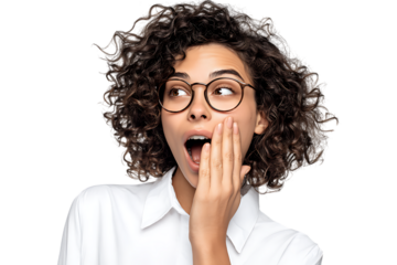 Shocked young woman with curly hair and glasses expressing surprise.