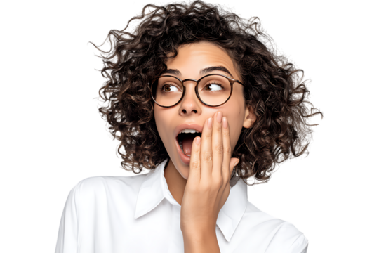 Shocked young woman with curly hair and glasses expressing surprise.