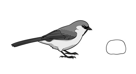 Obraz premium Illustration of a cute, small, gray bird standing near a white rock outline
