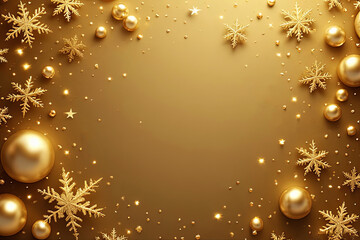 Christmas frame with shiny pearls, glittering snowflakes and sparkling stars on warm gold background