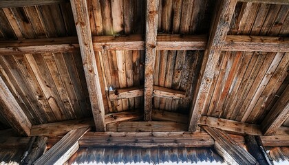 an aged wooden roof supported by wooden beams