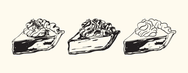 Vintage Pumpkin Pie Slice Illustration Set &ndash; Black and White Dessert