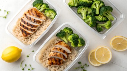 Meal prep containers with grilled chicken broccoli and couscous for healthy eating and dieting plans
