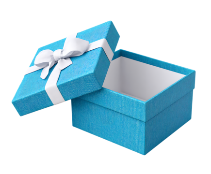 Empty light blue gift box, open, with a white ribbon. Perfect for birthday, holiday, or special occasion.