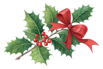 Christmas holly leaves and red ribbon bow, seasonal clipart. Transparent background.