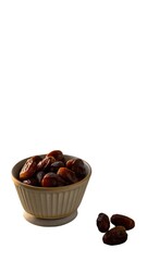 Bowl filled with sweet dates and a few scattered beside it on a clean white surface background