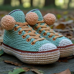 Fototapeta premium Handmade Crochet Sneakers with Pom Poms.