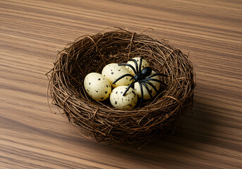 Obraz premium Speckled eggs and toy spider in bird nest halloween still life