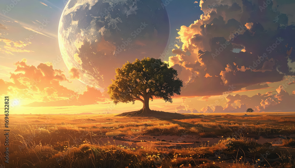 Poster Solitary tree standing in open field under vast sky representing nature's simplicity and beauty in tranquil setting