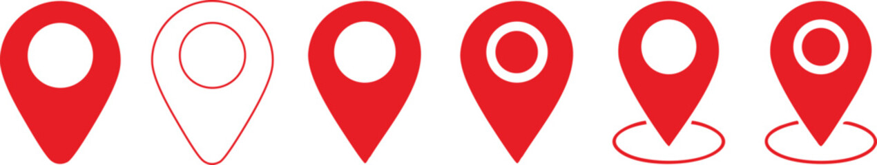 Set of red location pin icons, GPS navigation markers and map pointers in solid and outline vector design for maps, travel apps, mobile navigation, and web graphic design