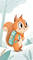 Adorable squirrel wearing a scarf and backpack walking through a snowy winter wonderland scene art