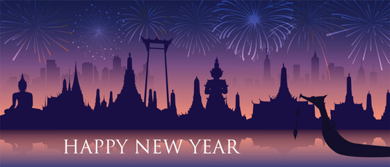 Happy New Year Celebration in Bangkok with Fireworks and Temple Silhouette