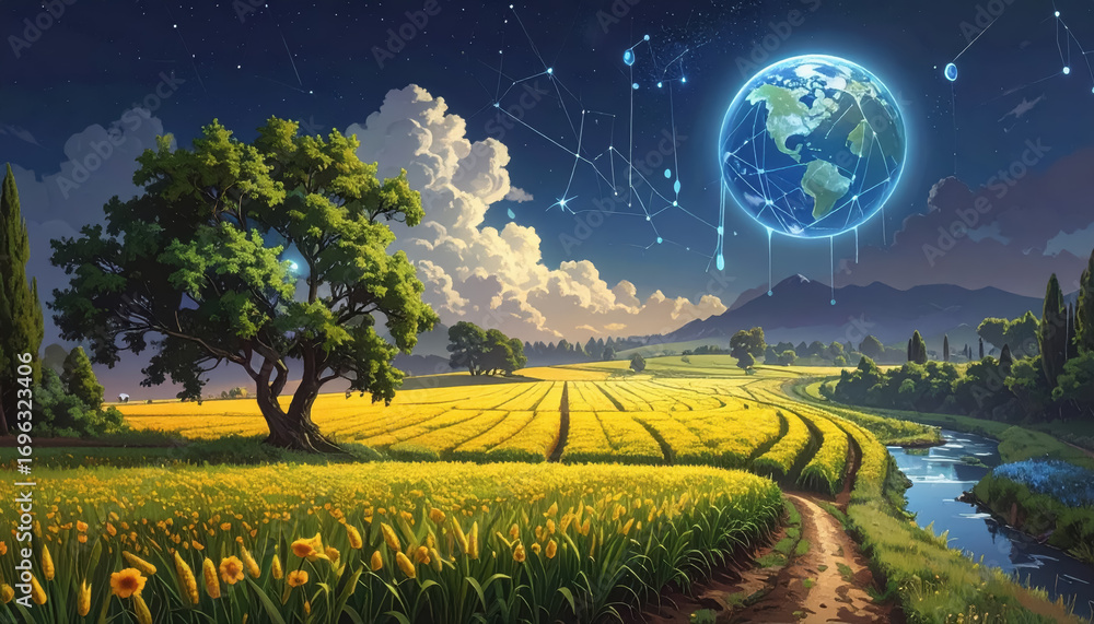 Poster expansive field with a planet looming in the background offering ample copy space for defi trends an