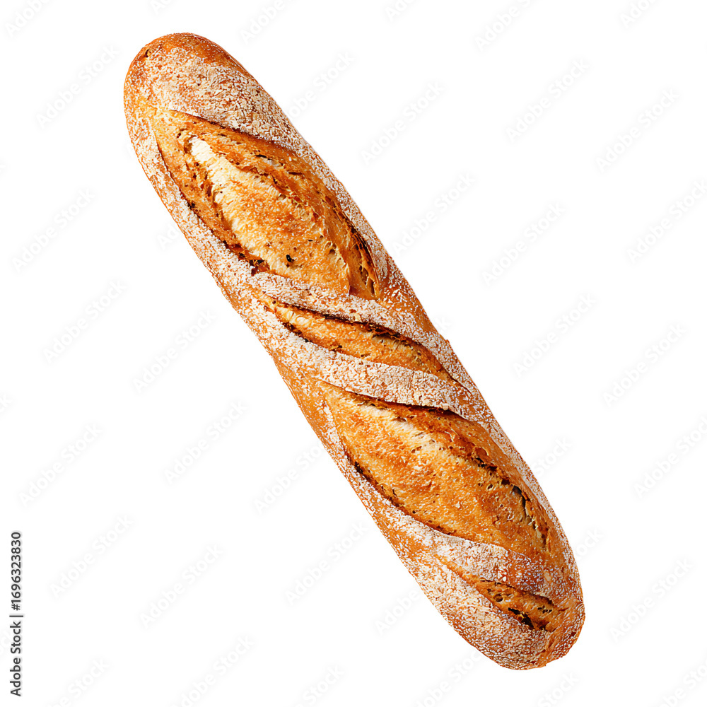 Poster golden - brown baguette with a crispy crust scored deeply placed on a plain transparent background t
