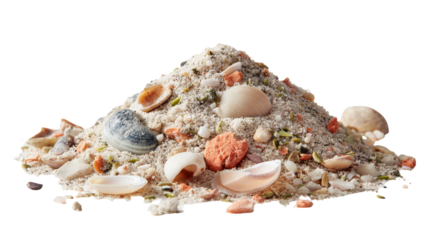 Small pile of beach sand with mixed shells and coral fragments on transparent background