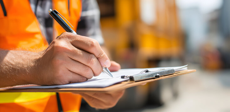 Worker writing on clipboard near construction site, focusing on safety inspection and documentation with an emphasis on precision and detail.