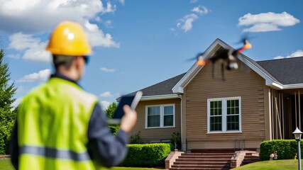 Home inspection drone aerial roof and siding inspection with tablet operator technician for construction termite control service safety compliance exterior roof survey capturing damage and monitoring - Powered by Adobe