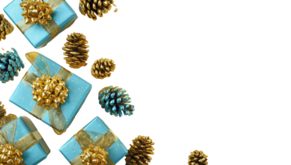 Teal gift boxes and golden pine cones scattered on transparent background