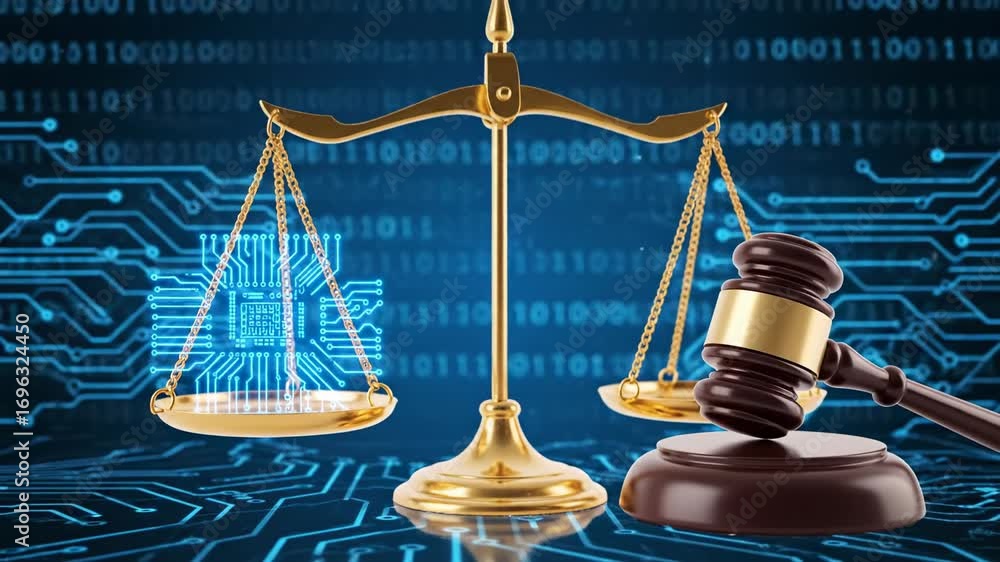 Poster digital justice: technology and law scales - a 3d video of scales of justice with a microchip on one