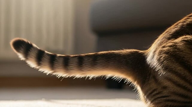 Sunlit CloseUp of a Striped Tabby Cats Tail Gently Wagging in a Cozy Home Setting.