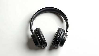 Black headphones on white background with copy space
