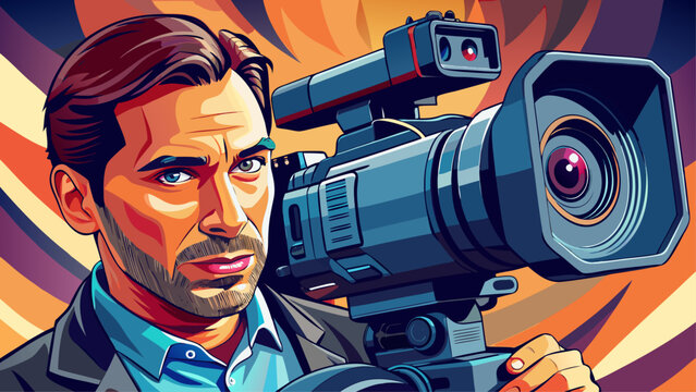 Close-up portrait of male filmmaker holding video camera. Isolated background conveys creativity, vision, and cinematic artistry.