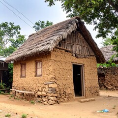 A traditional, rustic home with a thatched roof, built of mud and stone, stands in a rural setting.