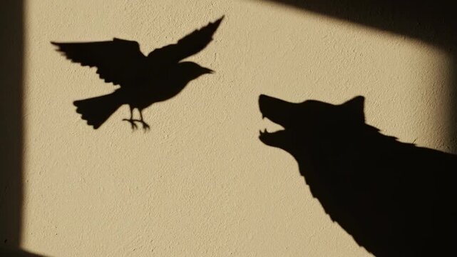 Bird and Wolf Shadow Puppets on Wall - Silhouettes of a bird and a wolf are projected onto a textured wall, creating a dramatic shadow puppet scene.