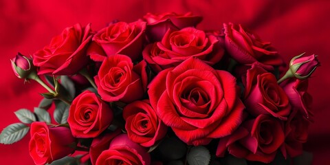 Obraz premium Crimson roses, velvety petals, rich red backdrop, intense red, deep red
