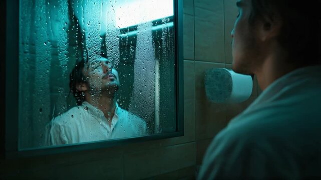 Troubled Man in Bathrobe Confronts His Distorted Reflection in a Steamy TealLit Bathroom.