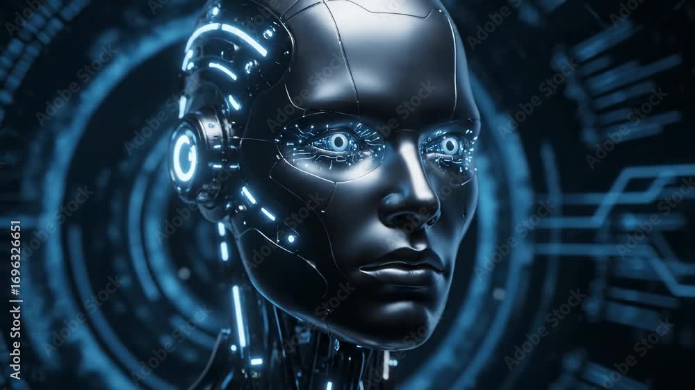 Poster sleek cyborg ai portrait - close-up of a sophisticated cyborg's face with glowing blue circuits, set